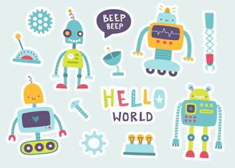 Obraz premium Cute robots stickers set for kids. Cartoon robotic collection. Funny machine sticker pack.