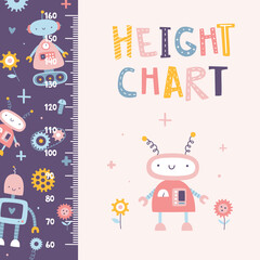 Height chart with girly pink robots. Cartoon ruler with robots. Cute girly stadiometer.