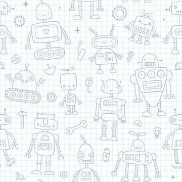 Cute doodle robots pattern on checkered notebook paper. Hand drawn seamless vector print for kids.