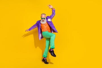 Fototapeta na wymiar Full size photo of nice granddad hipster club festive bachelorette party dressed stylish colorful look isolated on yellow color background