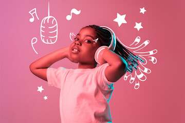 Creative design with drawn elements. Portrait of little beautiful african girl listening to music...