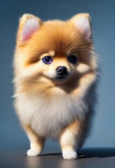 3D-weergave van een Pommerse puppy geïsoleerd op een blauwe achtergrond