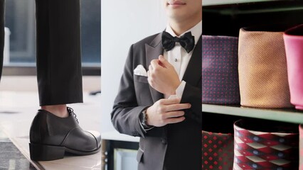 Young adult asia man tie bow try on suit adjust shirt look at mirror at SME craft design tailor shop ready for wedding day. Asian people happy groom foot shoes custom made jacket store luxury retail.