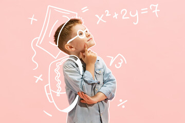 Creative design with drawn elements. Little thoughtful boy counting mathematics over pink...
