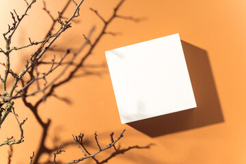 Empty white square mockup podium for product presentation on orange background with hard light and shadows. Trendy design flat lay with copy space. Top view.