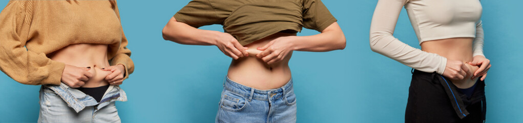 Fototapeta premium Cropped image of female body. Models show their bellies before and after losing weight. Comparison before and after, concept of healthy eating, active lifestyle.