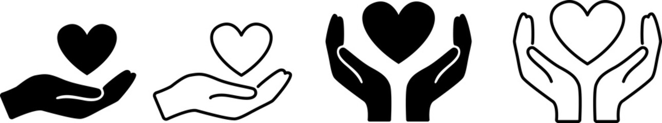 Set of heart icons in hand. Hands holding a heart icon. Love icon. Health care hands holding a heart flat and line style. PNG image