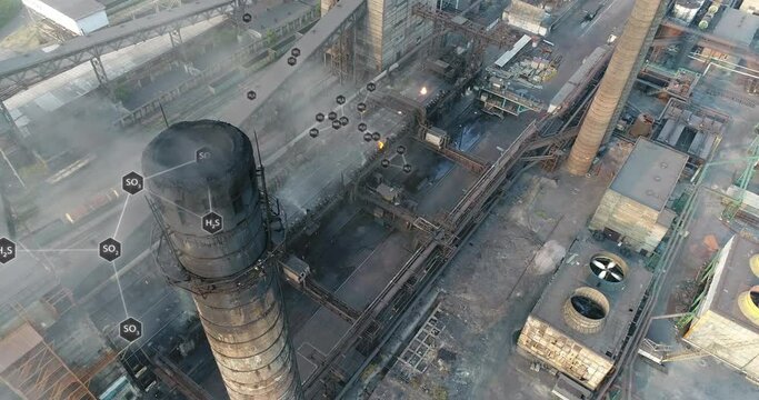 Environmental pollution concept. Visualization of hazardous emissions from the plant's chimney. Emissions from the factory chimney. Flight around the factory chimney with smoke.