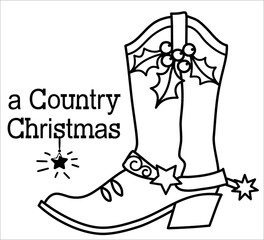 Cowboy Christmas with cowboy boots and holiday Merry Christmas text. Vector Christmas hand drawn graphic illustration with holiday decortion isolated on white for desgn.