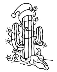 Christmas cactus with santa hat and lights. Vector hand drawn illustration isolated on white. Cactus tree with garland and cow skull.