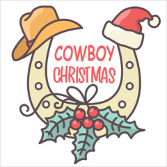 Cowboy Christmas horseshoe with holiday symbols. Vector illustration Country Christmas with cowboy hat and Santa hat isolated on white.
