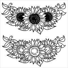 Vector sunflowers decor. Sunflowers outline style hand drawn graphic illustration isolated on white background for print or design.