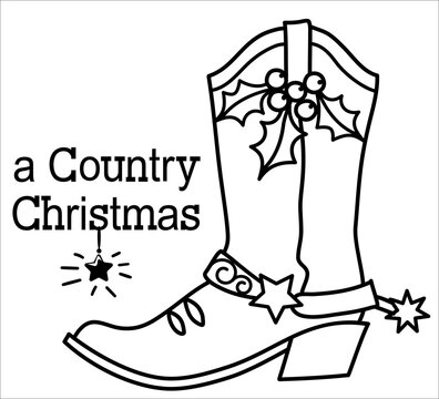 Cowboy Christmas with cowboy boots and holiday Merry Christmas text. Vector Christmas hand drawn graphic illustration with holiday decortion isolated on white for desgn.