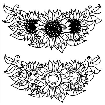 Vector sunflowers decor. Sunflowers outline style hand drawn graphic illustration isolated on white background for print or design.