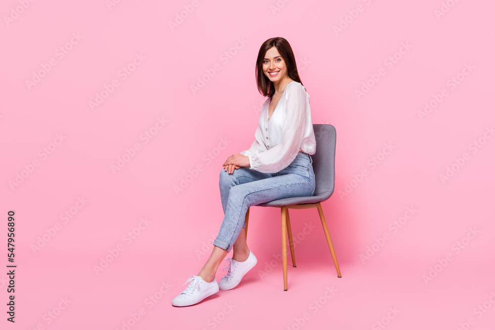 Sticker full length photo of good looking office worker sit stool posing empty space wear stylish outfit iso