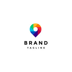 Pin Icon with Colorful Shutter Motif Logo Design. Colorful Shutter Motif Rotating Inside Hot Spot Pin Icon Logo Design.