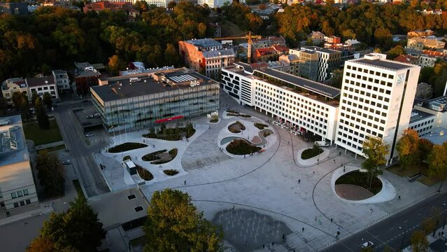 Aerial shot of the Unity Square in Kaunas, in Lithuania in colorful autumn
