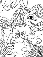 Young tyrannosaurus, funny hero. Background forest tropics. Children coloring book. Vector.