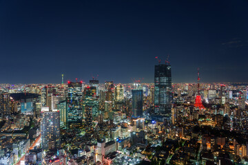 Tokyo, Japan - November 2022: Panoramic view of Tokyo skyscrapers and Tokyo tower with special illumination for full moon night.