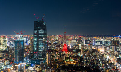 Tokyo, Japan - November 2022: Panoramic view of Tokyo skyscrapers and Tokyo tower with special...