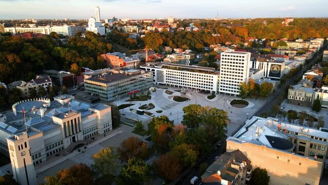 Aerial shot of the Unity Square in Kaunas, in Lithuania in colorful autumn