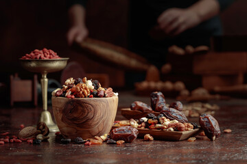 Various dried fruits and nuts on a kitchen table.