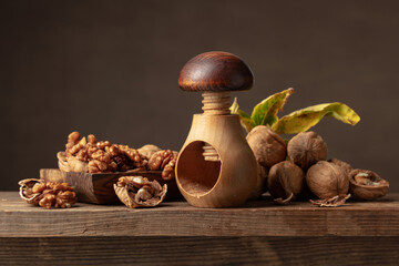 Walnuts on an old wooden table.