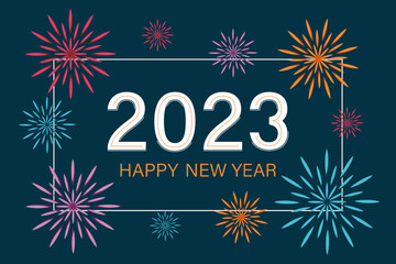 Happy New 2023 Year. Holiday vector illustration with fireworks on background