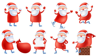 Funny cute cartoon Santa Claus with big bag with presents, in different poses, running, jumping, holding banner. Postcard Merry Christmas and Happy New Year. Merry Christmas vector illustration.
