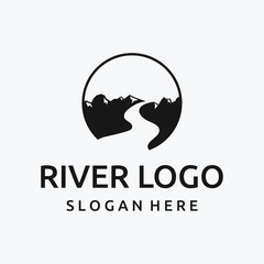 Logos of rivers, creeks, riverbanks and streams. River logo with combination of mountains and farmland with concept design vector illustration template.