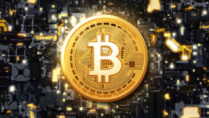 Golden bitcoins standing on circuit board, cryptocurrency concept. digital background.Golden coin with icon letter Mining or blockchain technology 3D rendering