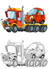 funny cartoon tow truck driver with other car