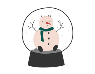 Hand drawn cute cartoon illustration of snow ball with snowman. Flat vector Christmas snowfall globe sticker in colored doodle style. New Year, Xmas icon or print. Isolated on background.