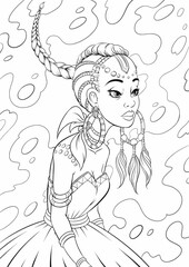 Pretty cartoon girl. Hand-drawn vector illustration. Outline art for coloring books, tattoos, cards, etc. Isolated on white background.