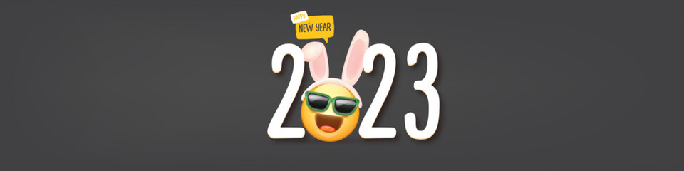 2023 Happy new year horizontal banner with funny smile face with rabbit ears and sunglasses isolated on grey background. 2023 new year banner, poster, flyer, cover with funny cute rabbit