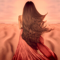 one full body beautiful woman meditation  with long hair standing on a top of desert sand dunes at sunrise with long dress  generative ai