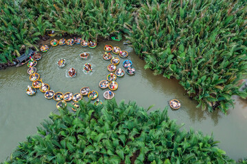 VIEW OF RUNG DUA BAY MAU OR COCONUT WATER ( MANGROVE PALM ) FOREST 7 HECTA IN CAM THANH VILLAGE, HOI AN ANCIENT TOWN, UNESCO WORLD HERITAGE, VIETNAM. HOI AN IS ONE OF THE MOST POPULAR DESTINATIONS