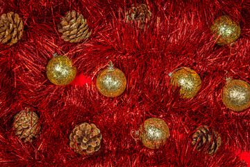 Concept of christmas and new year. Christmas toys on tinsel. christmas background
