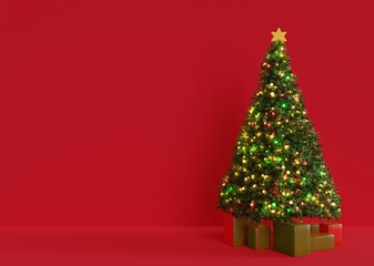 christmas tree on red background light christmas tree