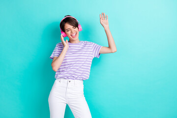 Portrait of funky positive good mood woman with bob hairdo dressed striped t-shirt dancing singing...