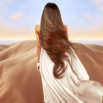 one beautiful woman with fight long hair from back at desert with layers of sand dunes at sunset with white dress   generative ai  