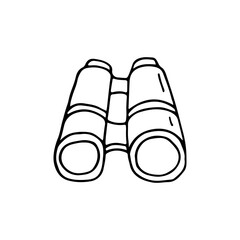 Tourist binoculars, long-range vision device. Optical equipment of the image amplifier. Metal black binoculars. Doodle. Hand drawn. Vector illustration. Outline.