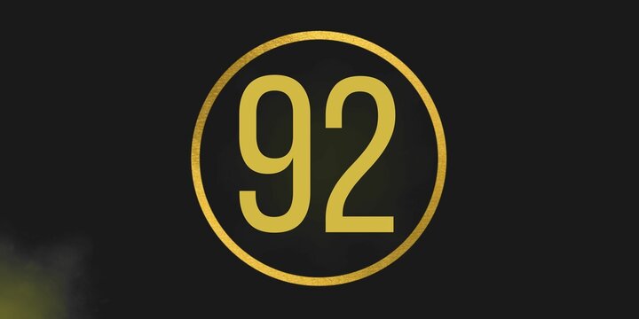 Number 92. Banner with the number ninety two on a black background and gold details with a circle gold in the middle