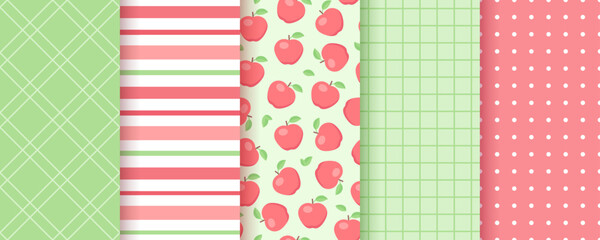 Scrapbook pattern. Seamless backgrounds. Set kitchen prints. Textures with polka dot, apples, stripes and plaid. Cute wrapping paper. Retro scrap design. Vector illustration. Trendy decorative frames