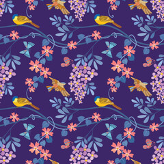 flowers and bird on branch on purple background seamless pattern. Can be use for fabric textile wallpaper.