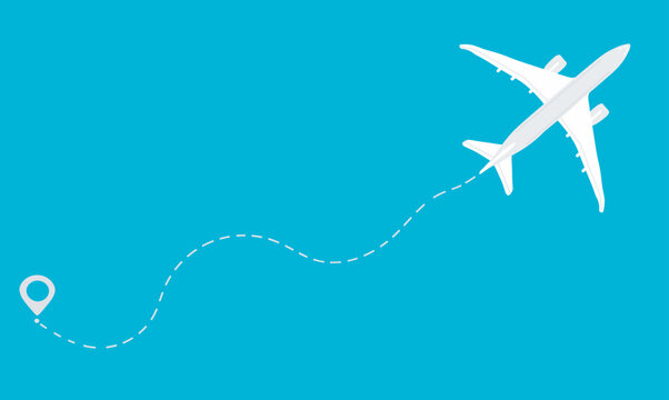 The plane follows the dotted line from the start point to the end point. Airplane route on a blue background. Vector illustration.