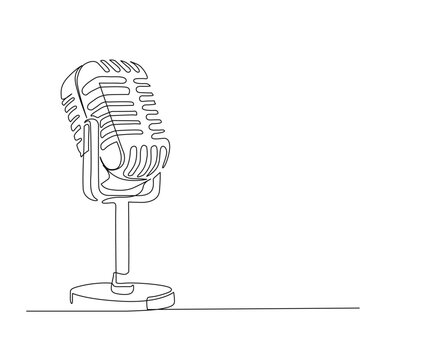 Continuous line drawing of vintage microphone. microphone simple line art with active stroke.  Vocalist, podcast, broadcast and music concept.