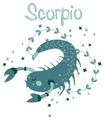 Scorpio astrological sign. Funny Zodiac sign with colorful leaves and stars around. Scorpio perfect for posters, logo, cards. Vector illustration.