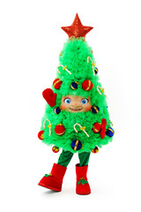 a man in a Christmas tree costume on a white background. 
