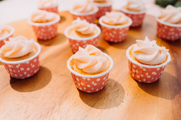 Gourmet cupcakes with white buttercream frosting and sprinkles on wooden background